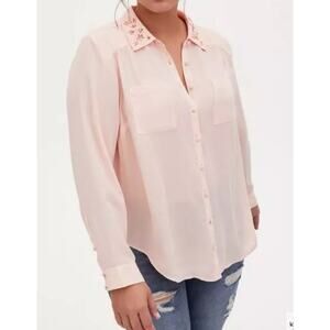 Torrid Madison - Light Pink Georgette Embellished Collar Button Front Blouse